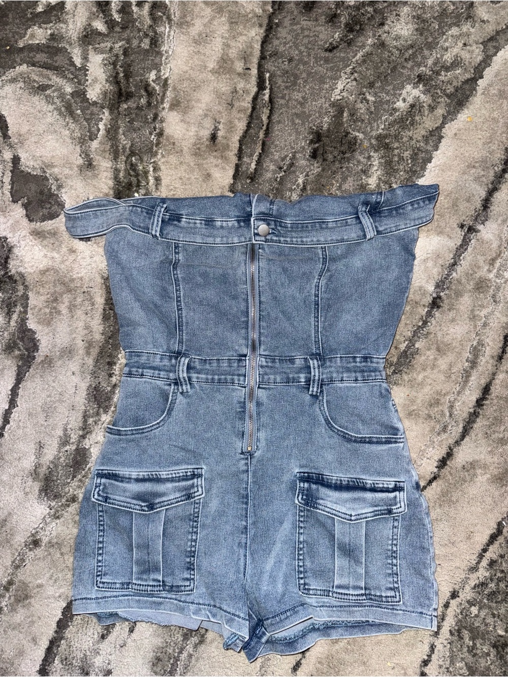 Fashion Nova Strapless Denim Romper in Light Blue Wash